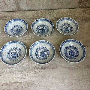 Set of 6 Jingdezhen Rice Flower Grain 4”x1” Bowls Blue & White Porcelain VTG